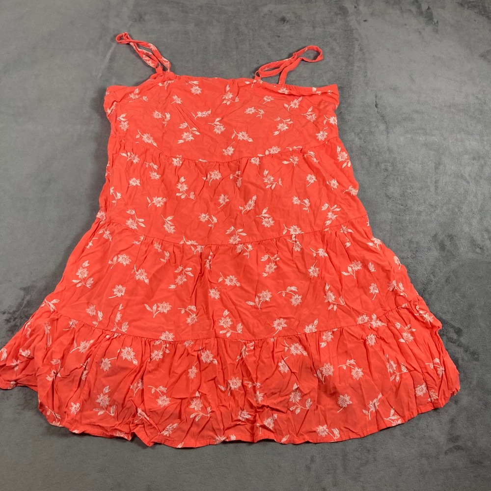 Old Navy Coral Orange Floral Tiered Mini Sun Dress Large L Rayon Sleeveless